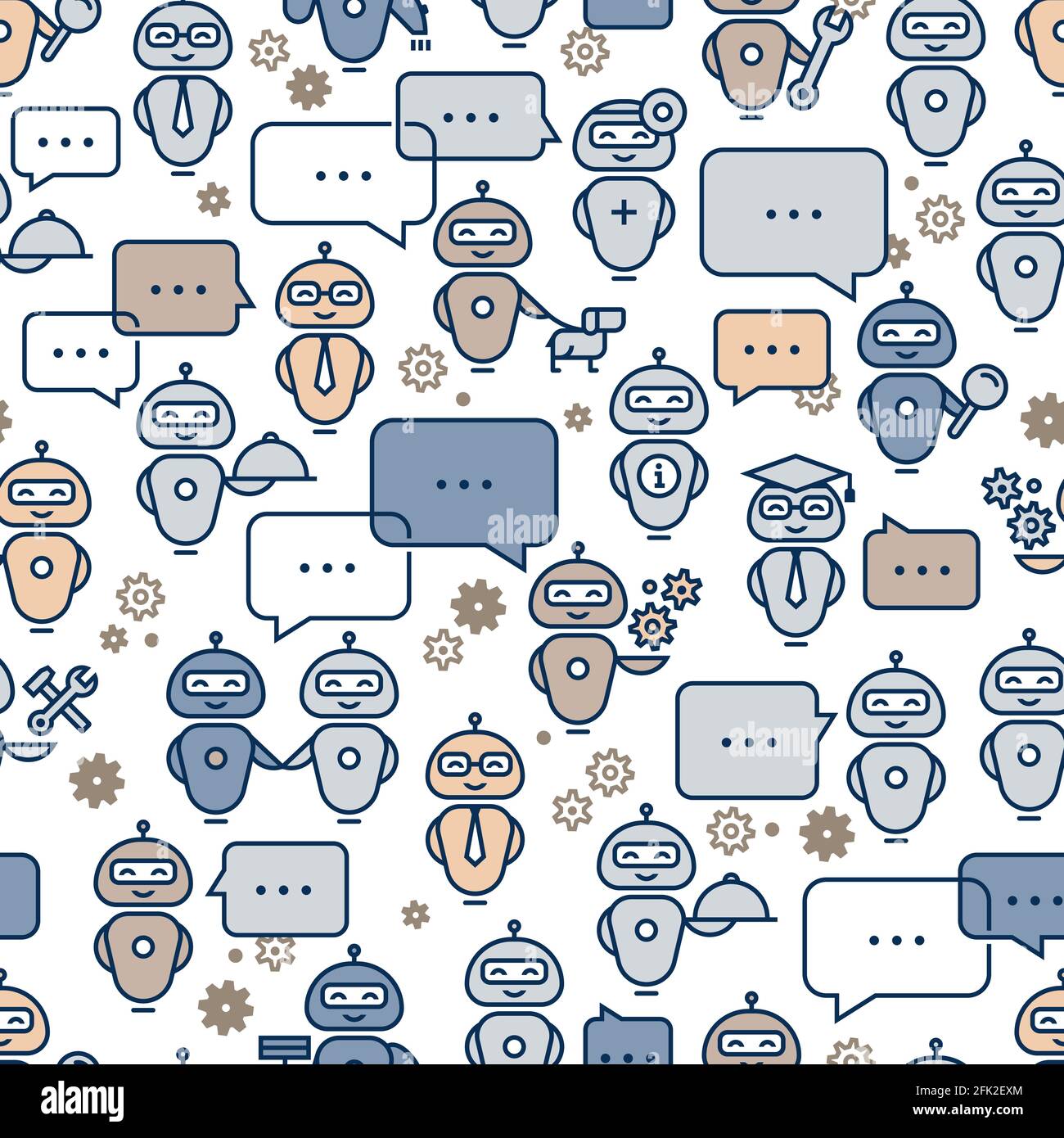 Seamless pattern robot assistant in line style. Vector icon pattern. Stock Vector