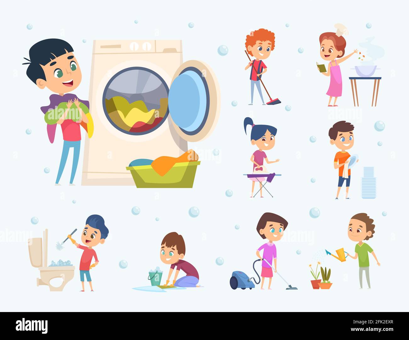 Children housework. Little kids boys and girls helping sweeping showering floor wash furniture and toys vector cartoons Stock Vector
