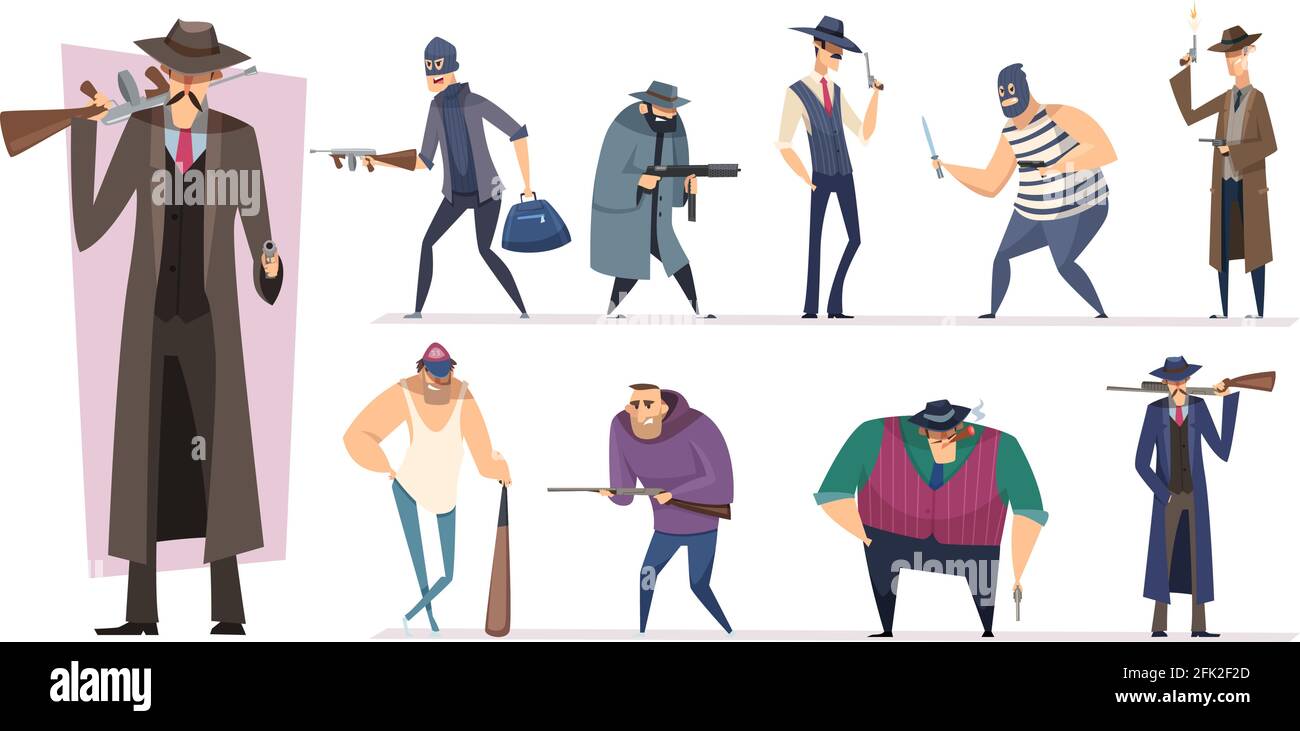 Mafia characters. Masked threat gangster brutal bandit with guns vector persons isolated Stock Vector