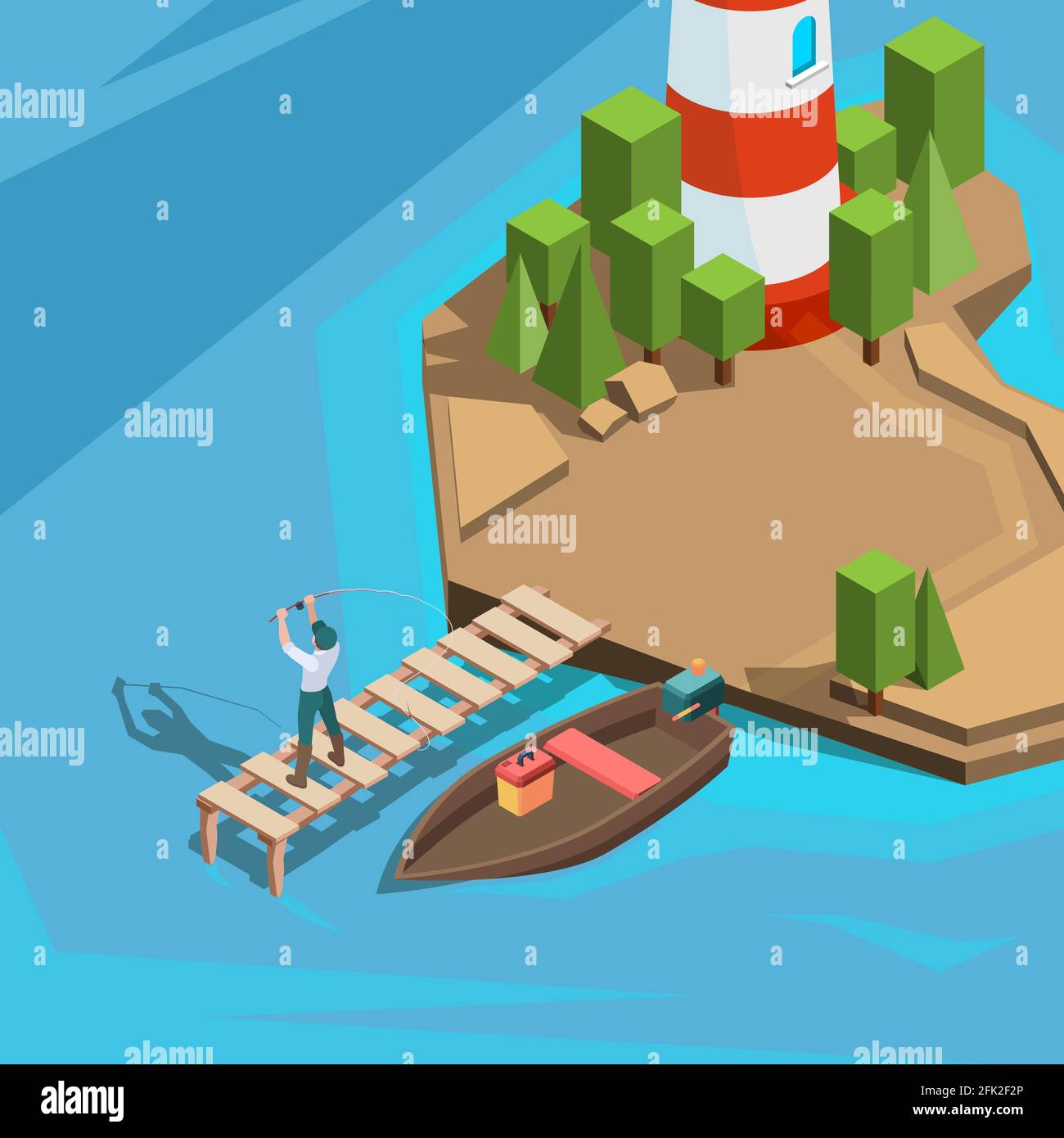 Fishing at dock. Outdoor berth fisherman in boat river or sea fishing with spinning active vacation time vector isometric background Stock Vector