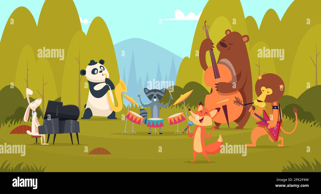 Animals musicians in forest. Music band playing on instruments in the green meadow zoo vocal entertainment voice band vector background Stock Vector