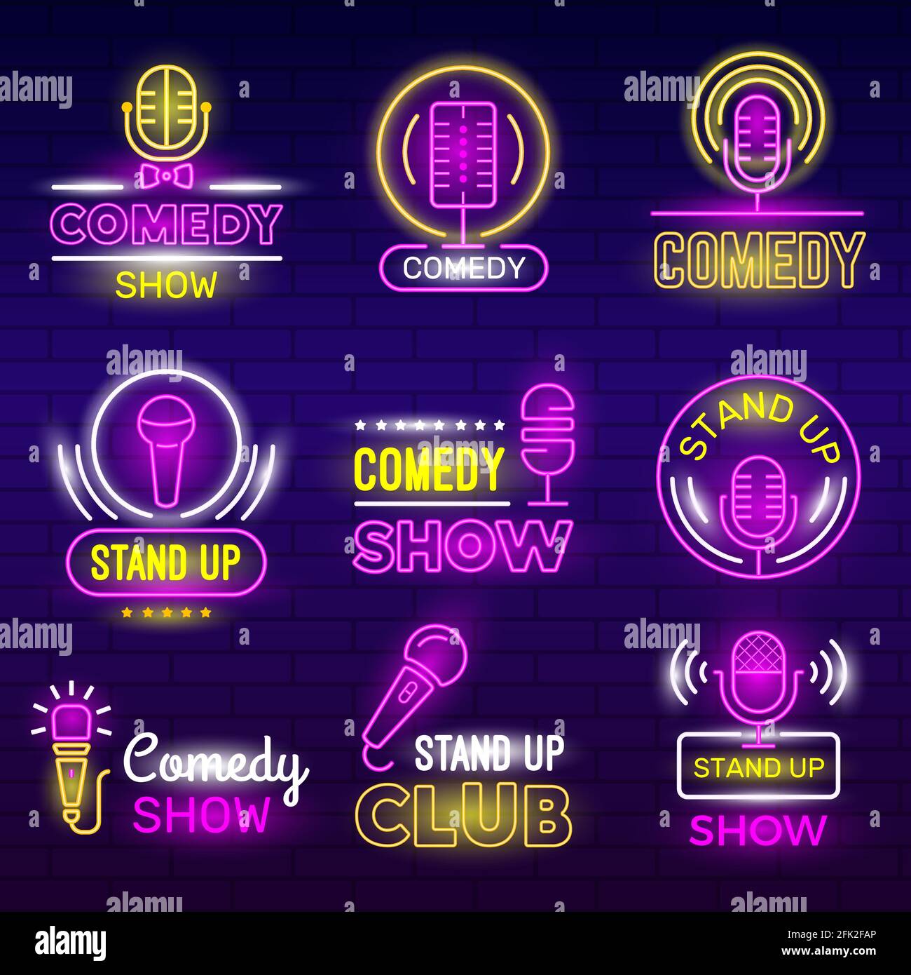 Standup show. Retro microphone comedy club neon logotypes comedian identity vector set collection Stock Vector