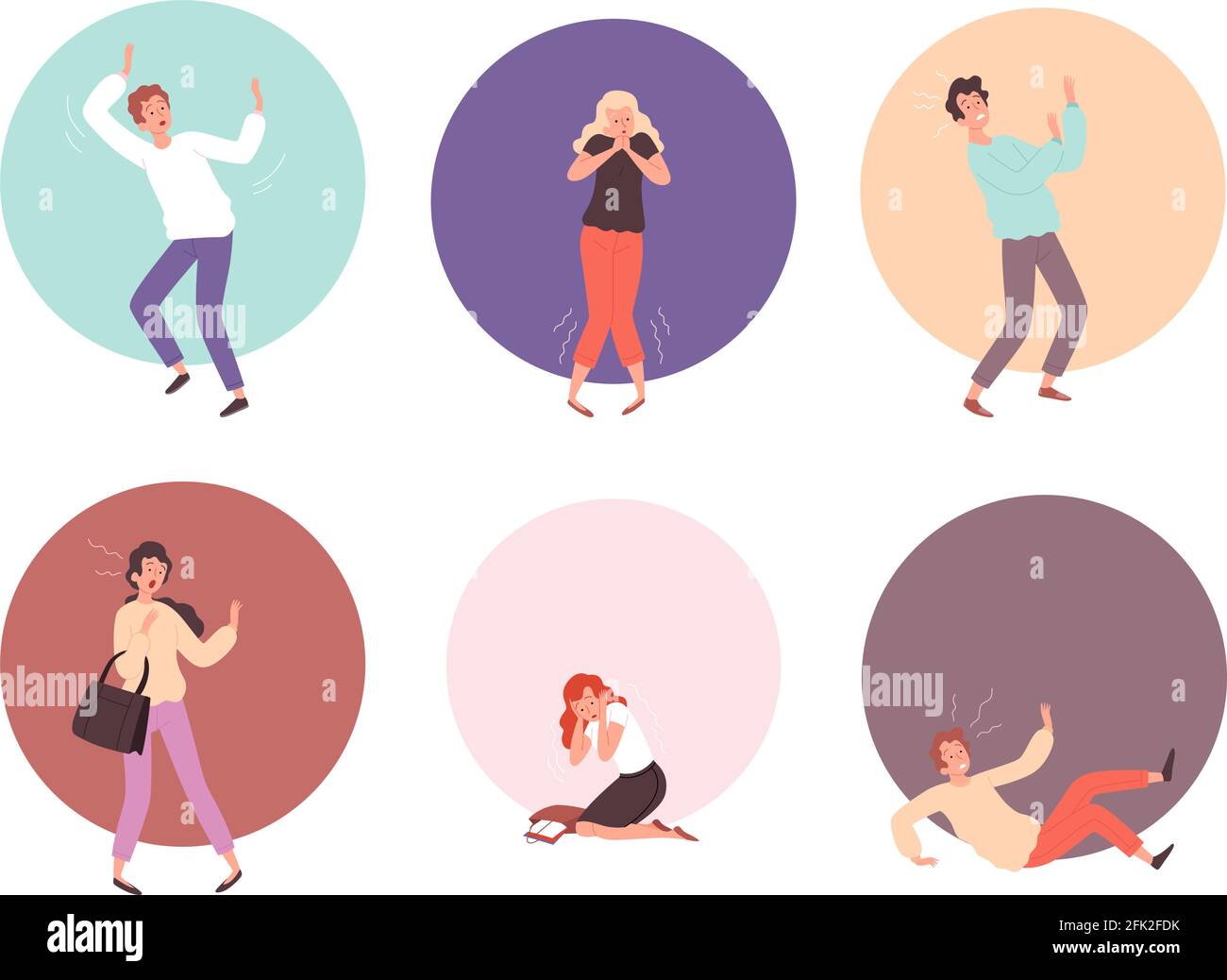 Scared people. Horrified attack characters in action poses reaction on face scared emotions vector persons Stock Vector