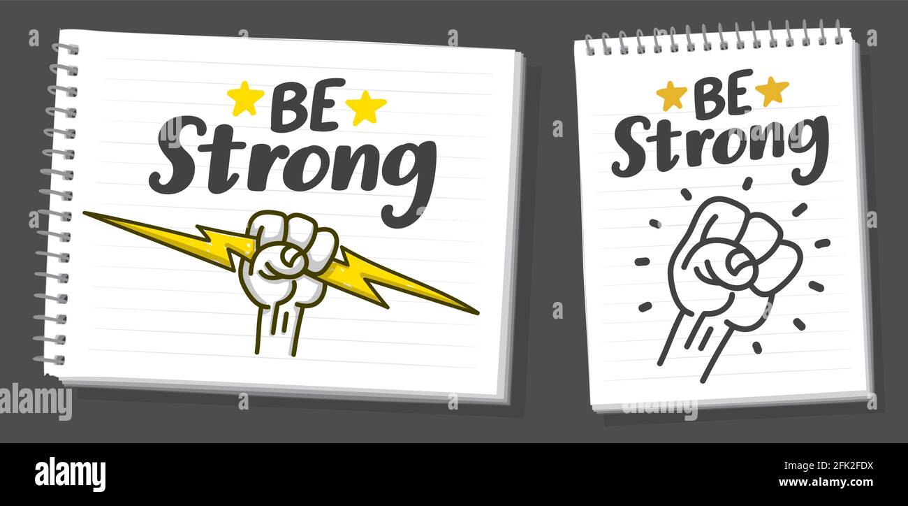 https://c8.alamy.com/comp/2FK2FDX/be-strong-hand-lettering-on-white-background-hand-drawn-on-notebook-page-thunderbolt-and-star-drawing-in-yellow-color-vector-print-illustration-2FK2FDX.jpg