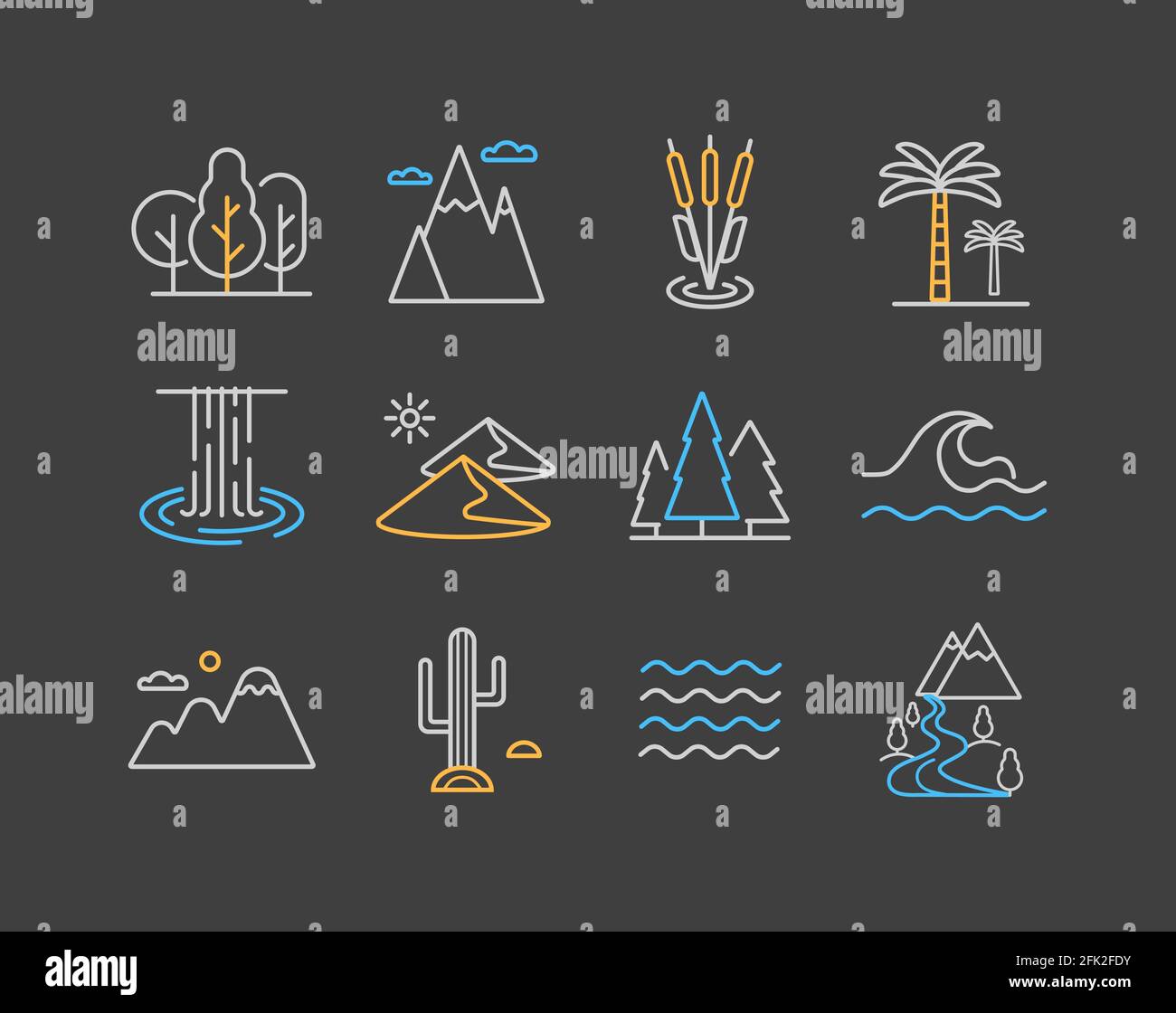 Vector nature icons set on dark background. desert, mountains ...