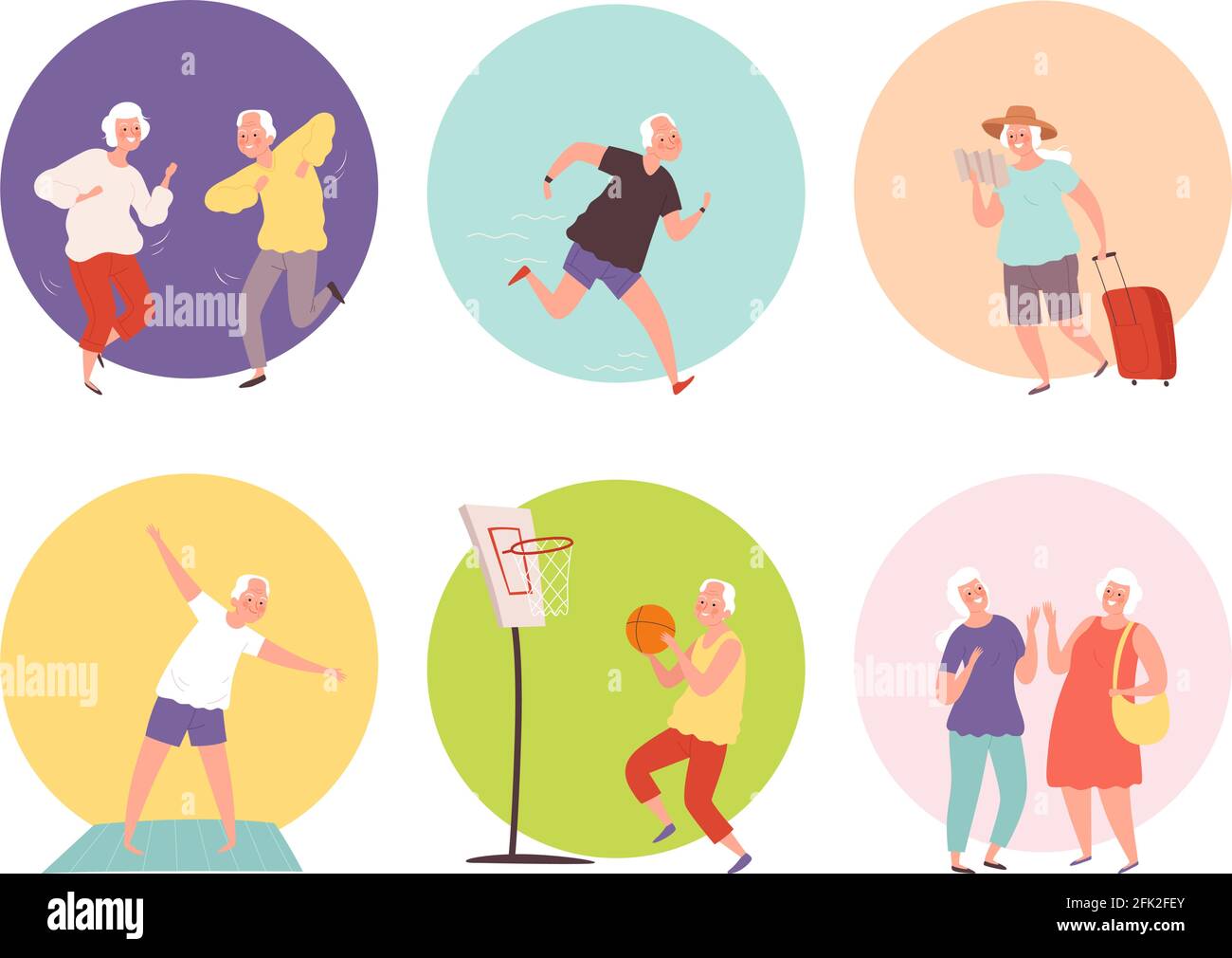 Old people lifestyle. Happy elder persons seniors healthy activities. Vector characters action poses Stock Vector