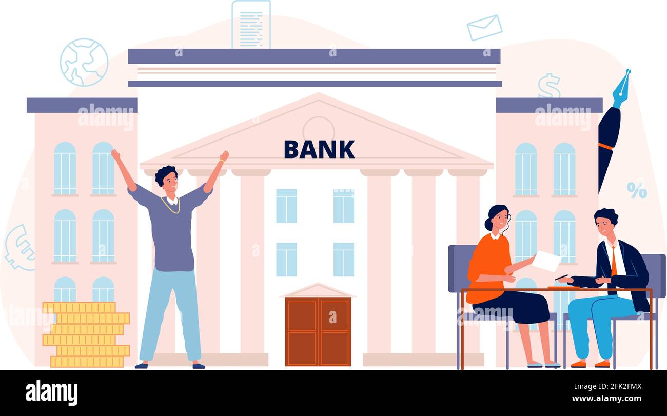 Bank agreement. Loan, man signing contract with manager. Finance or