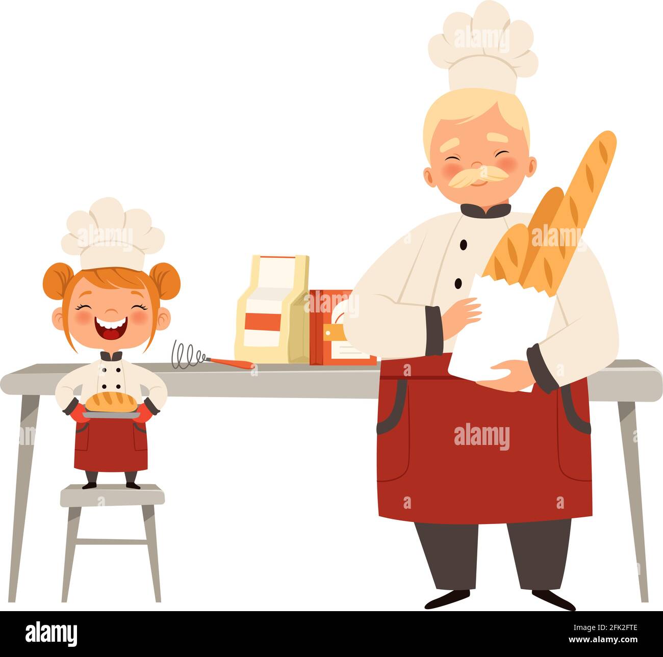 Baking Smiling girl and chef in uniform cooking fresh bread