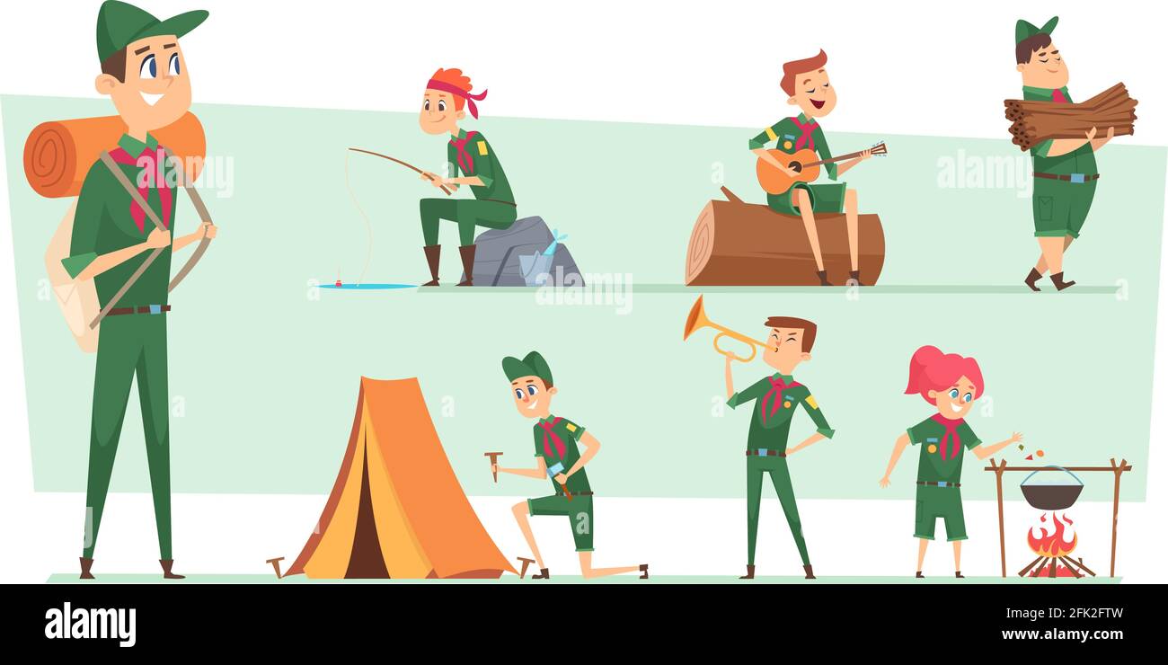 Scouts characters. Summer campers boys and girls junior rangers group survival scouts with backpacks vector kids Stock Vector