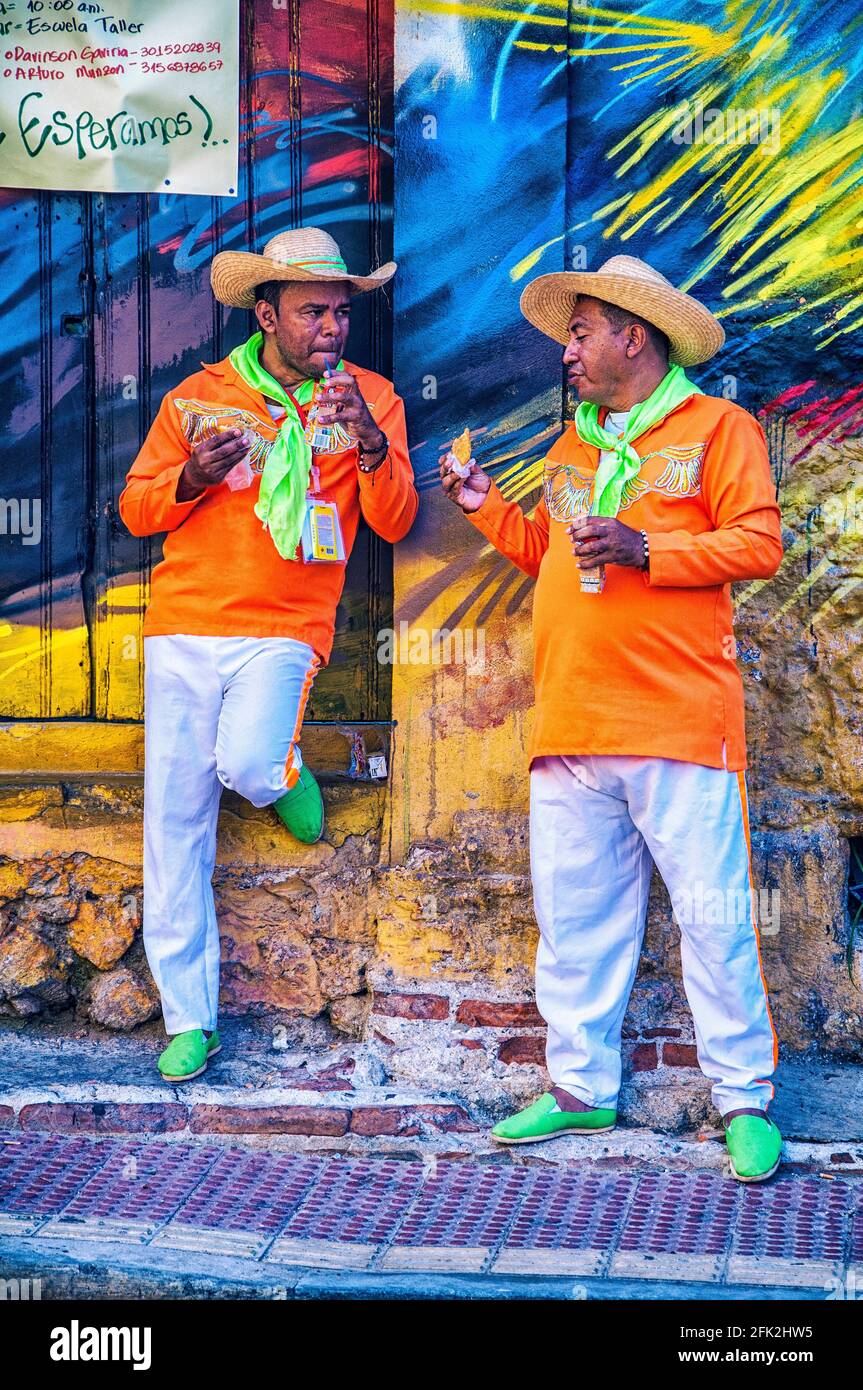 Men in traditional clothing. Getsemani, Cartagena, Colombia. Stock Photo