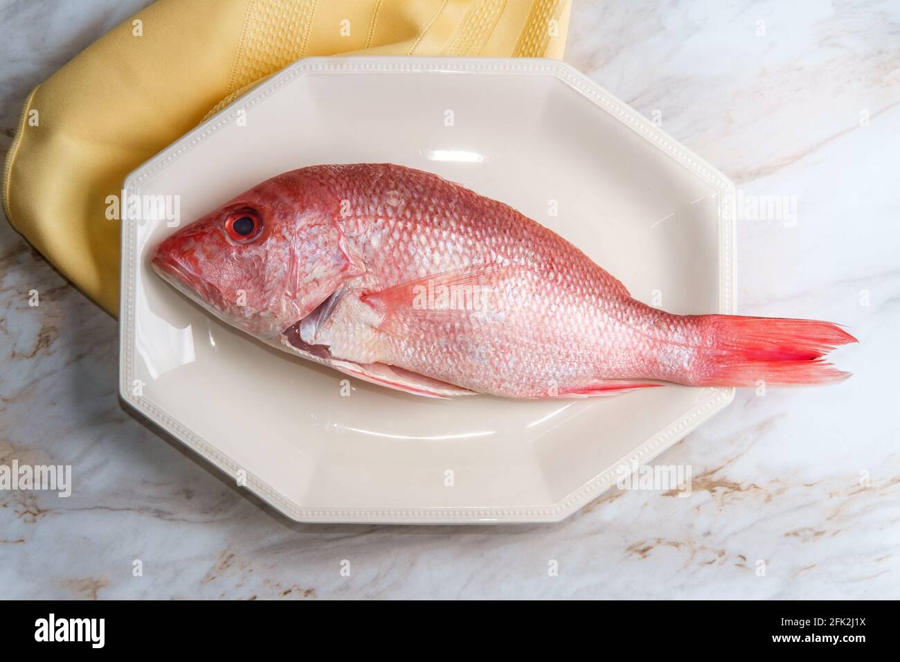 Fresh whole head-on raw unseasoned red snapper ready to be prepaired for dinner Stock Photo