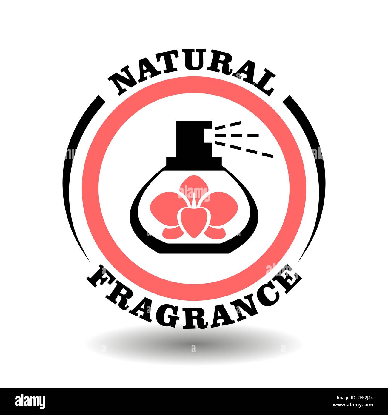 Natural fragrance vector stamp with orchid flower in perfume bottle. Round icon for natural