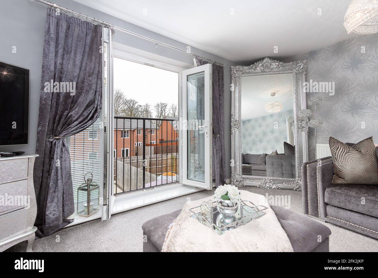 Modern Lounge with Juliette Balcony Stock Photo Alamy