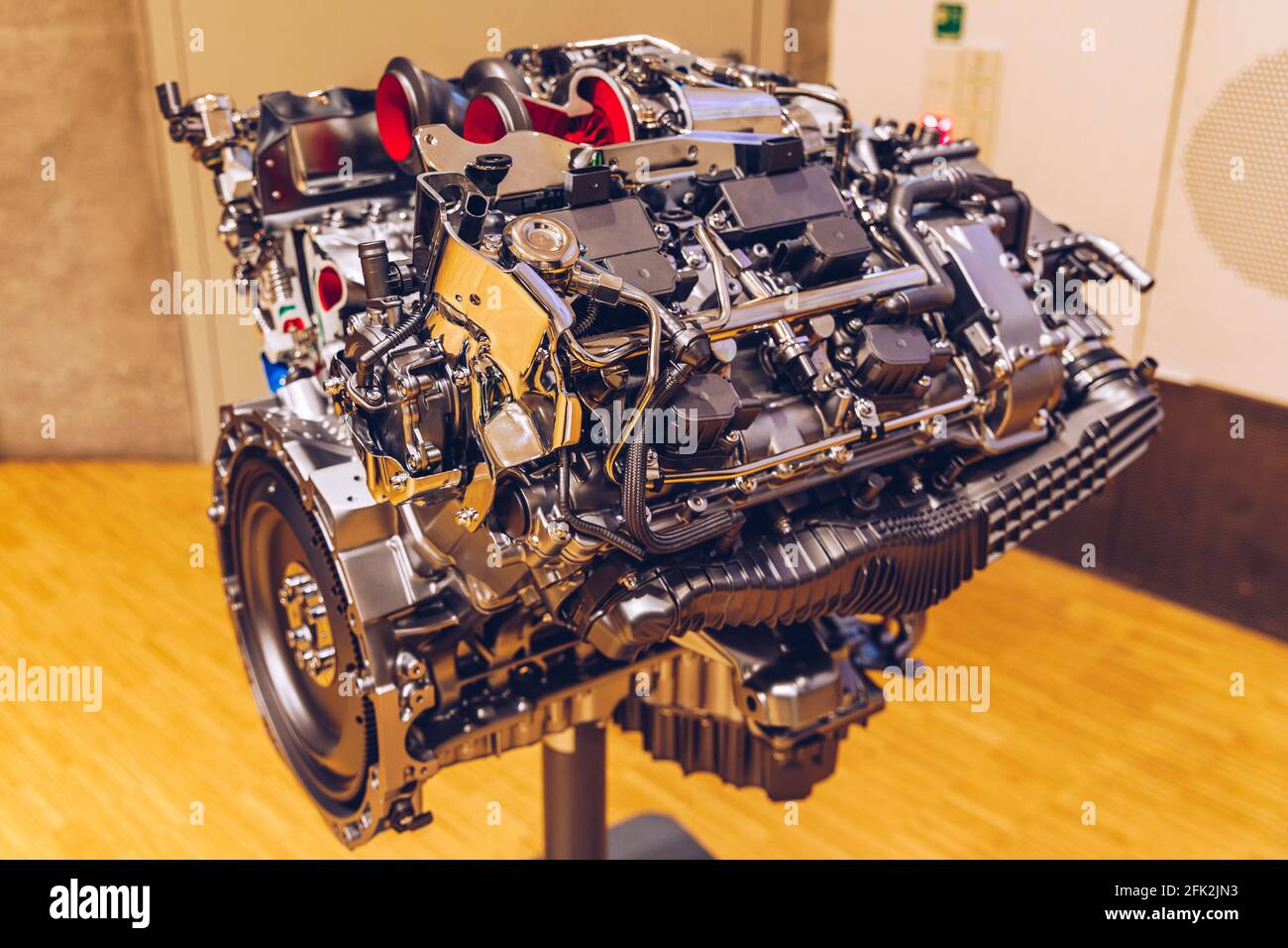 Powerful engine of a car. Internal design of engine. Car engine part