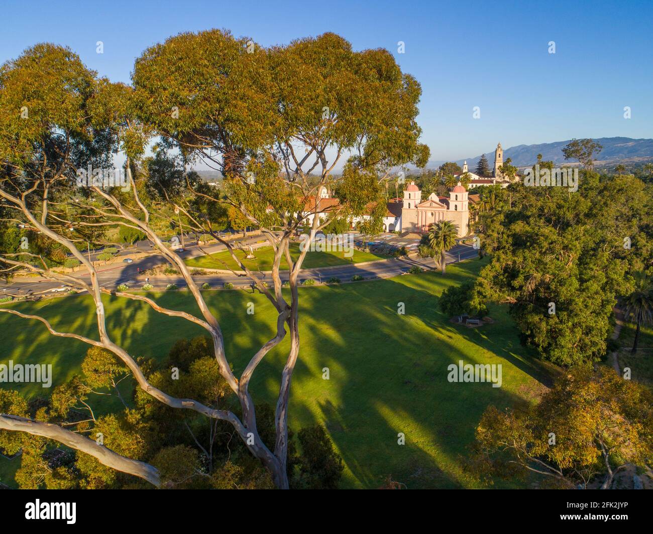 aerial view of Mission Santa Barbara and the Rose Garden, Santa Barbara
