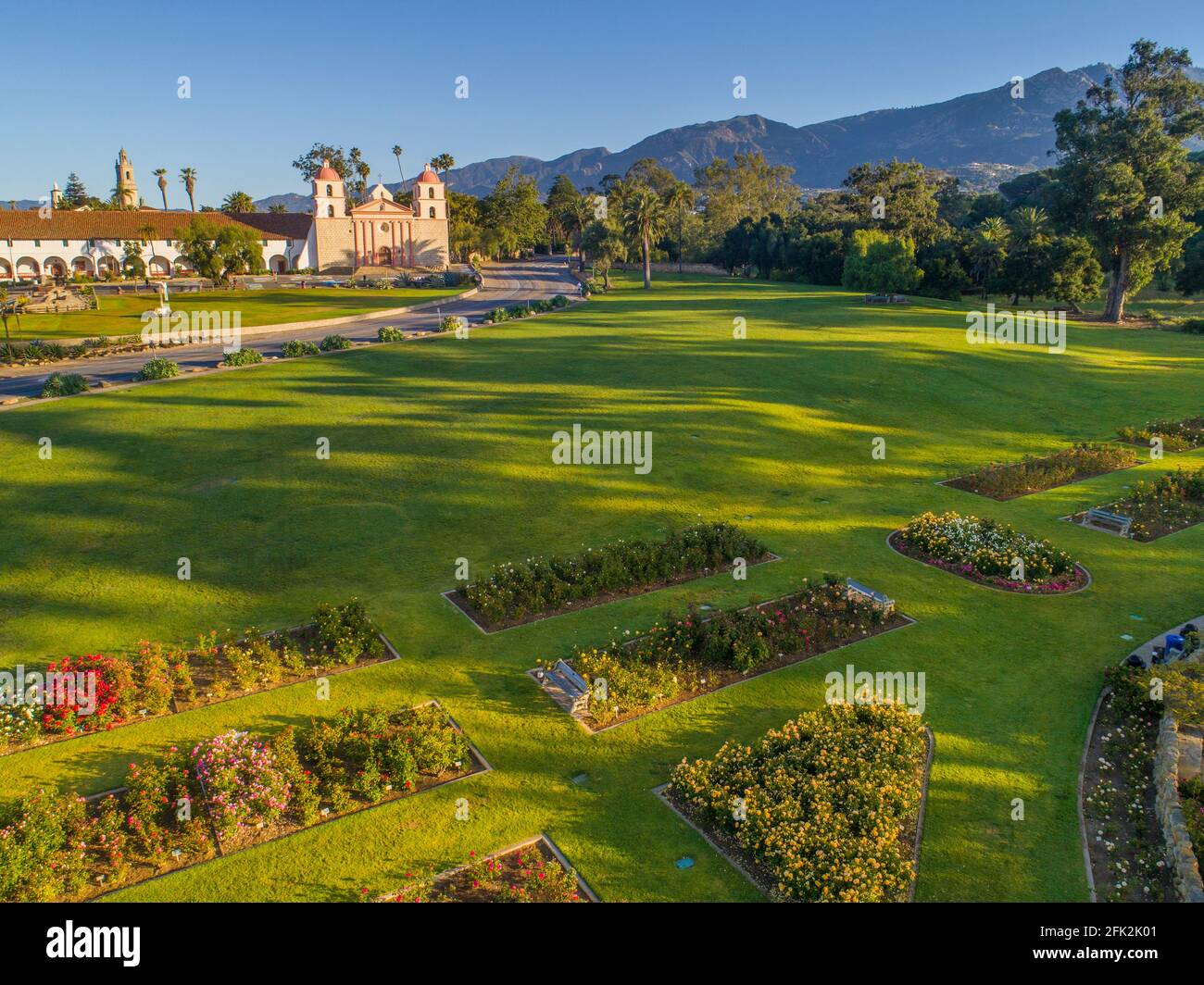 aerial view of Mission Santa Barbara and the Rose Garden, Santa Barbara