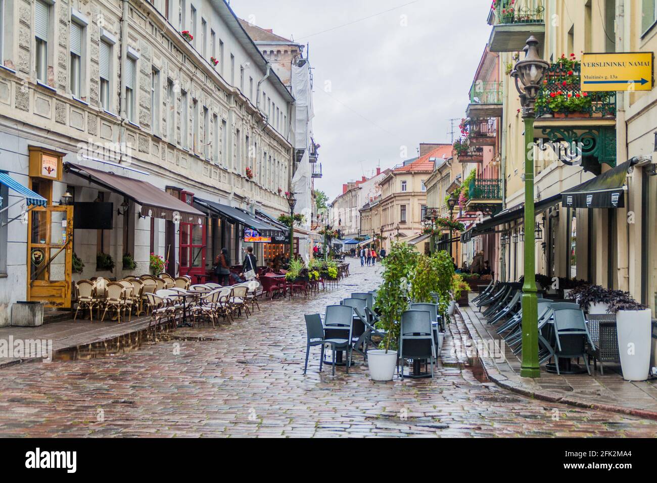 KAUNAS, LITHUANIA - AUGUST 16, 2016: Open air cafes at Vilniaus gatve street in Kaunas, Lithuania. Stock Photo