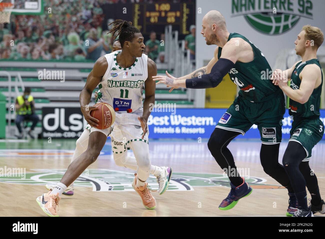 Nanterre, Hauts de Seine, France. 28th Apr, 2021. ALPHA KABA center of  Nanterre in action during the French Basketball championship Jeep Elite  between Nanterre and Limoges CSP at Palais des Sport of