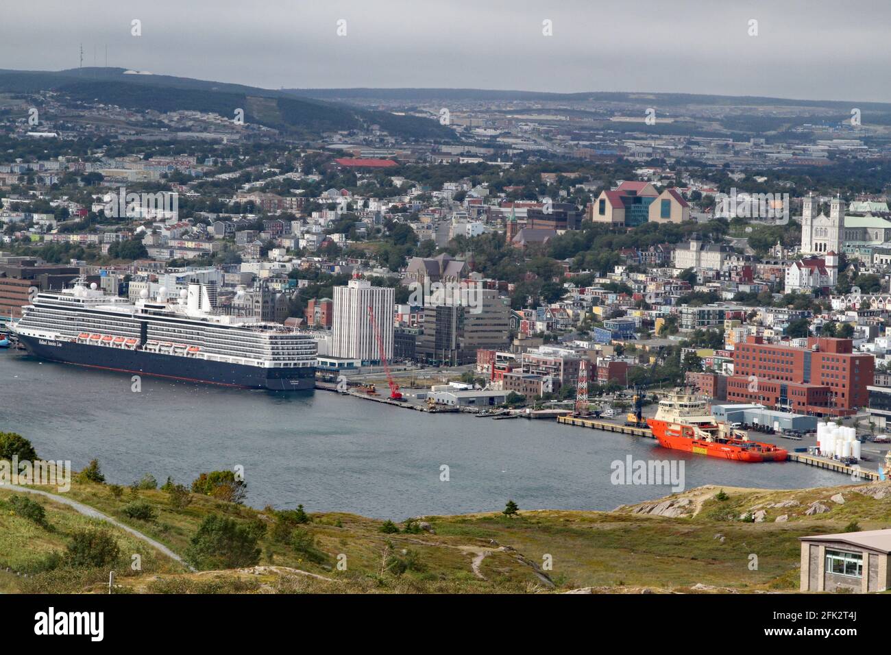 Aerial view of cruise ships and industrial ships in dock at St. John's