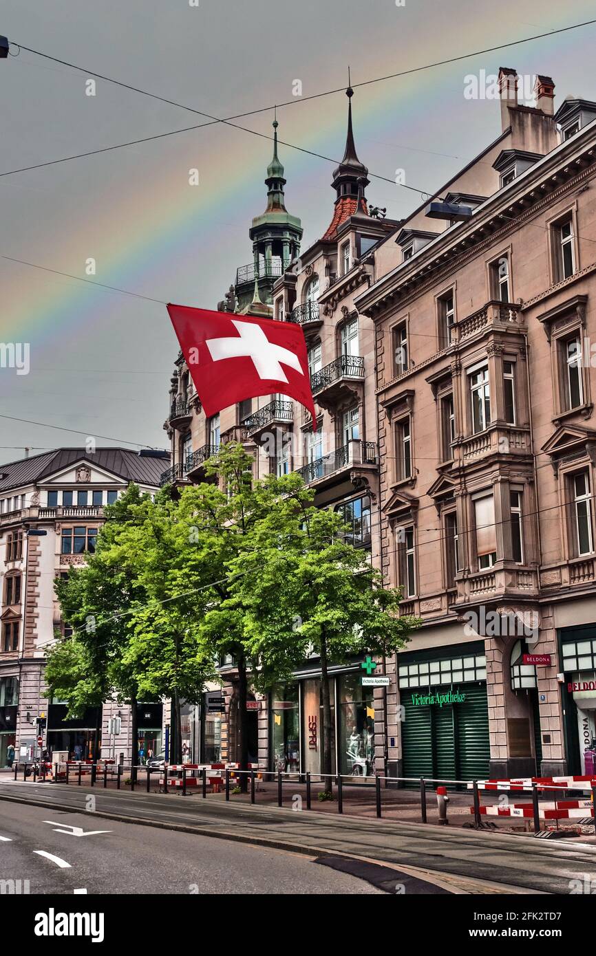 Swiss flag in the middle of the street in Zurich,Switzerland, federal republic, Western Europe Stock Photo