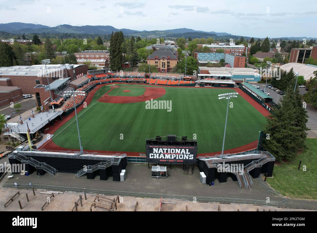 An aerial view of Goss Stadium at Coleman Field on the campus of Oregon State University, Friday, April 23, 2021, in Corvalis, Ore. The stadium is the Stock Photo