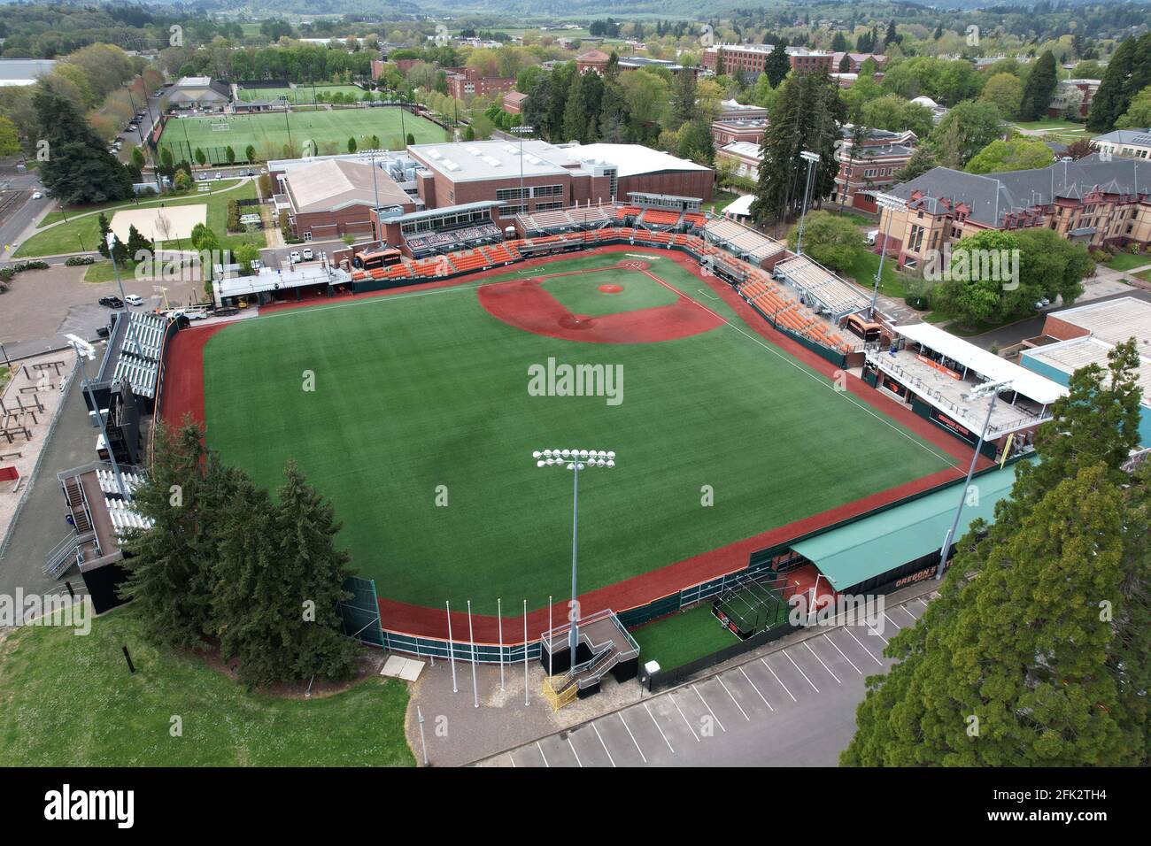 An aerial view of Goss Stadium at Coleman Field on the campus of Oregon State University, Friday, April 23, 2021, in Corvalis, Ore. The stadium is the Stock Photo