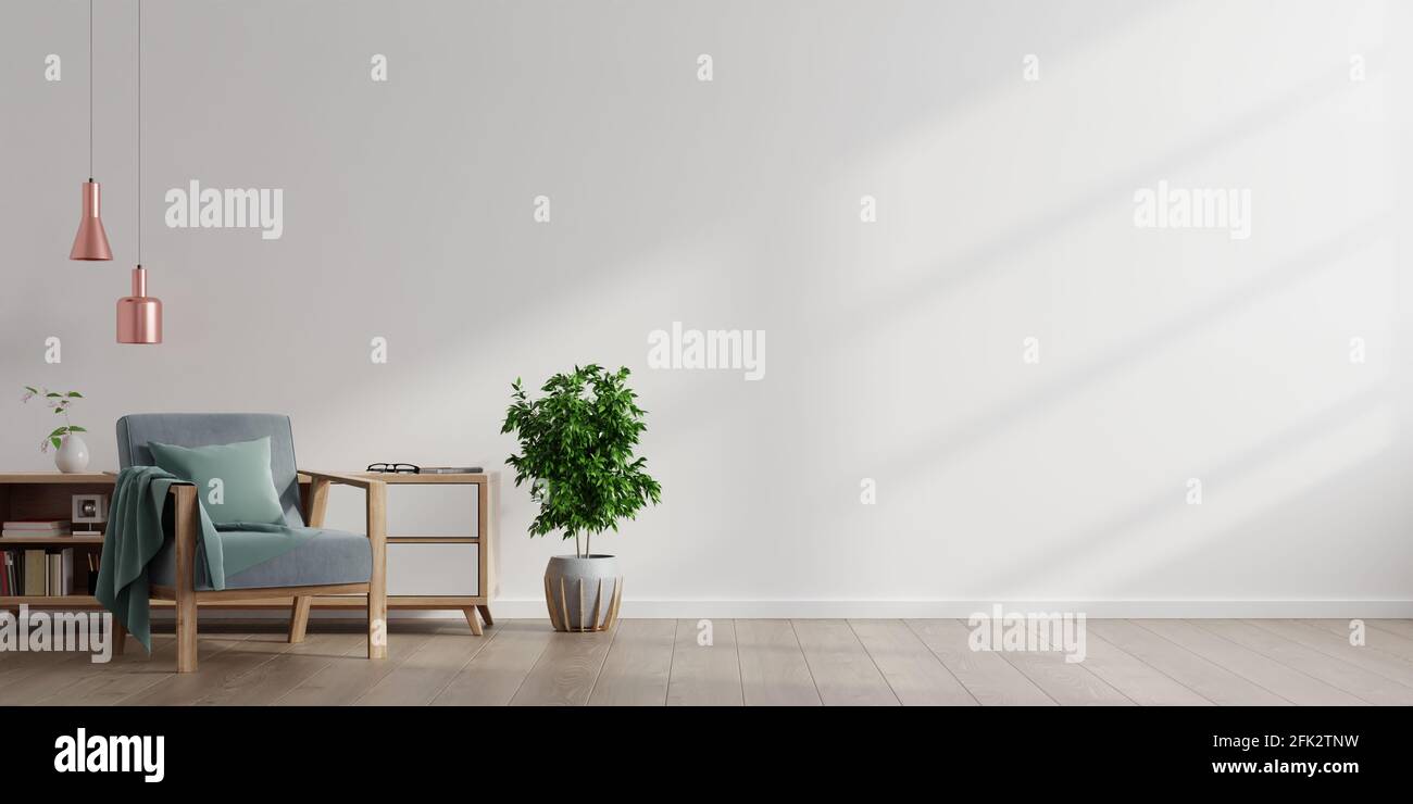 Interior of a bright living room with armchair on empty white wall ...