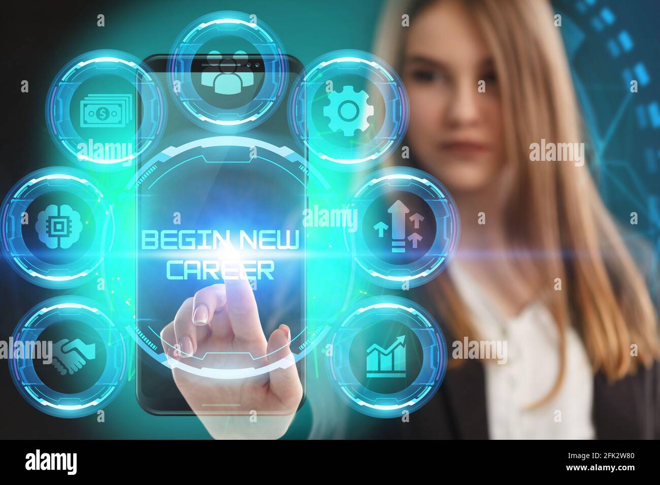 Business, Technology, Internet and network concept. Young businessman working on a virtual screen of the future and sees the inscription: Begin new ca Stock Photo