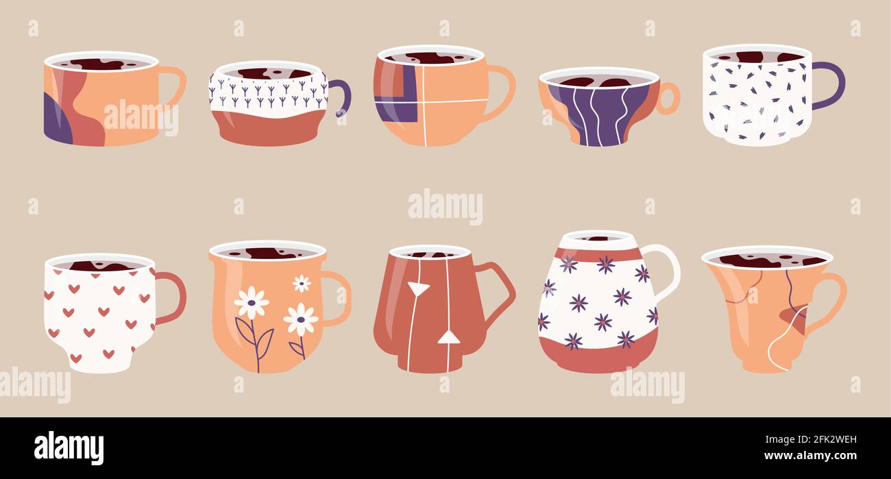 Collection ceramic cups. Set icons of mugs with various ornaments filled with drink, hot tea or coffee. Hand drawn abstract, floral linear pattern on cup. Flat cartoon style design Vector illustration Stock Vector