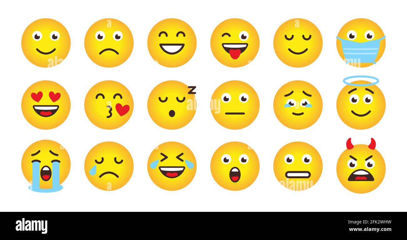 Funny emoji face of yellow gradient icons set. Different type cartoon  emoticon smile. Mood or facial