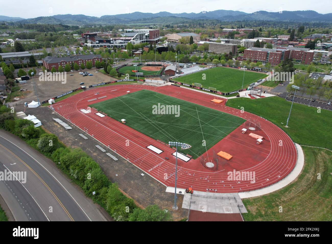 An aerial view of the Whyte Track and Field Center  on the campus of Oregon State University, Friday, April 23, 2021, in Corvalis, Ore. The complex is Stock Photo