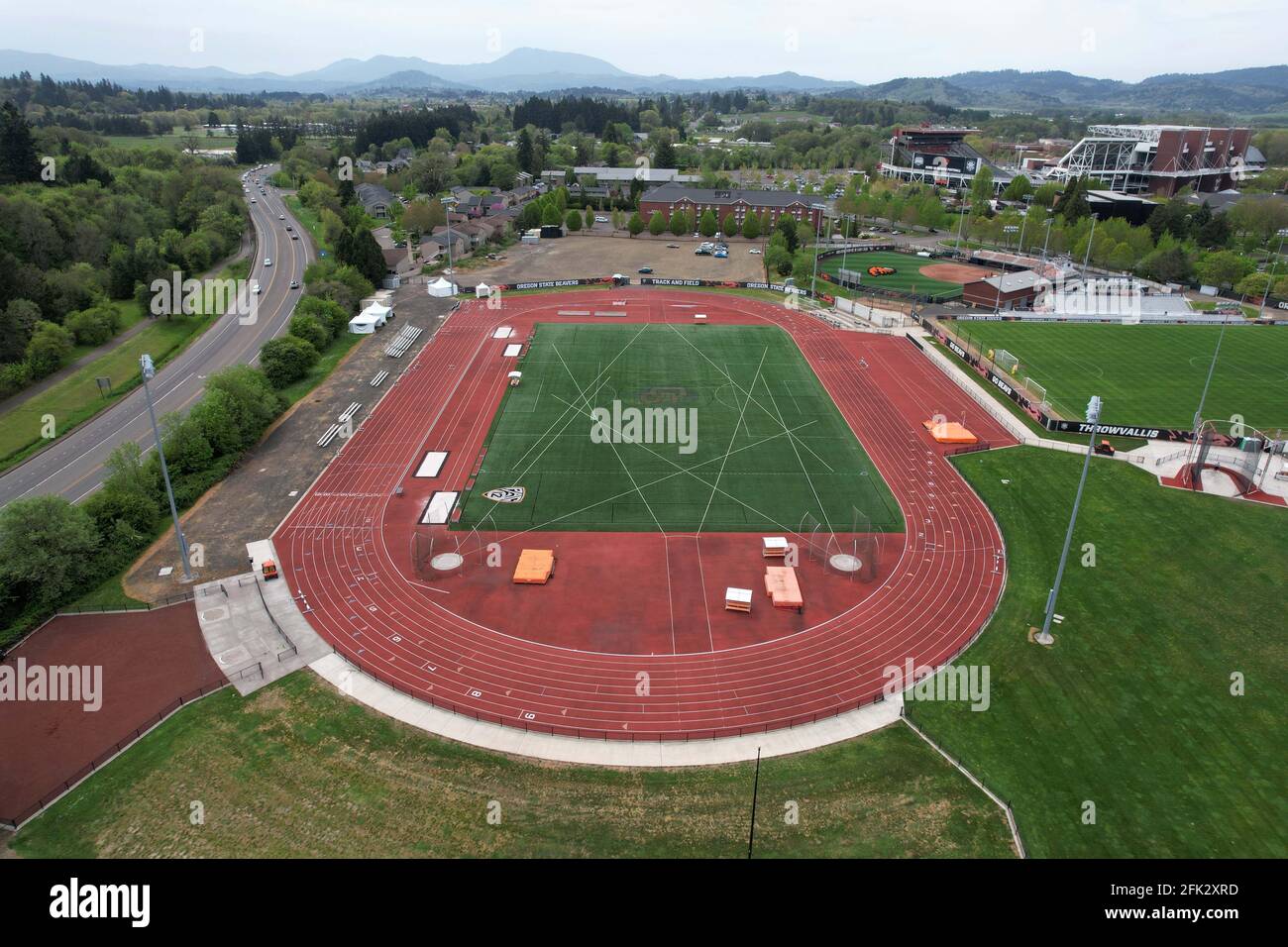 An aerial view of the Whyte Track and Field Center  on the campus of Oregon State University, Friday, April 23, 2021, in Corvalis, Ore. The complex is Stock Photo