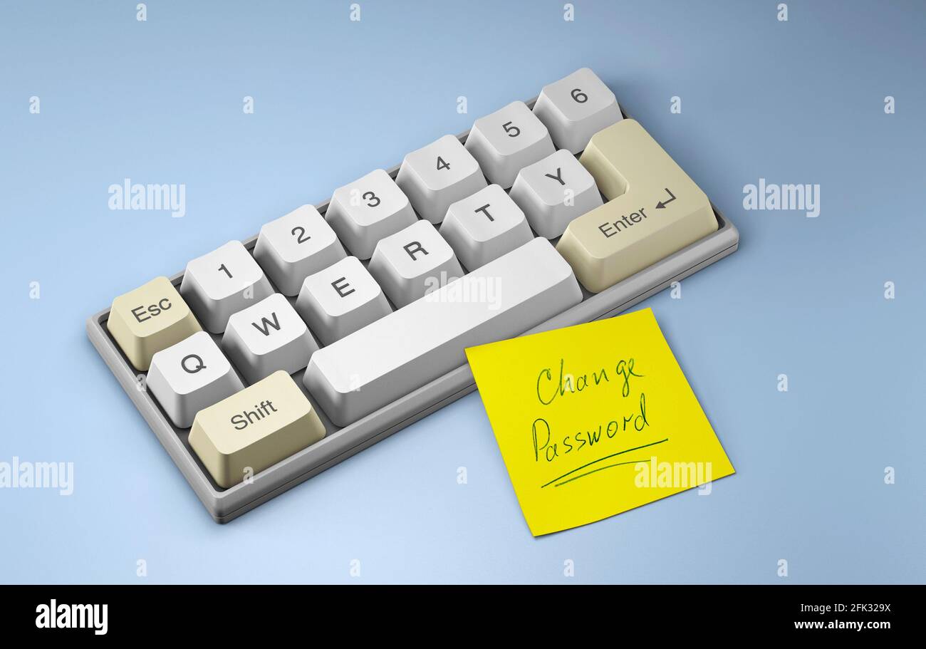 Change password. Keyboard with letters qwerty and yellow office sticker