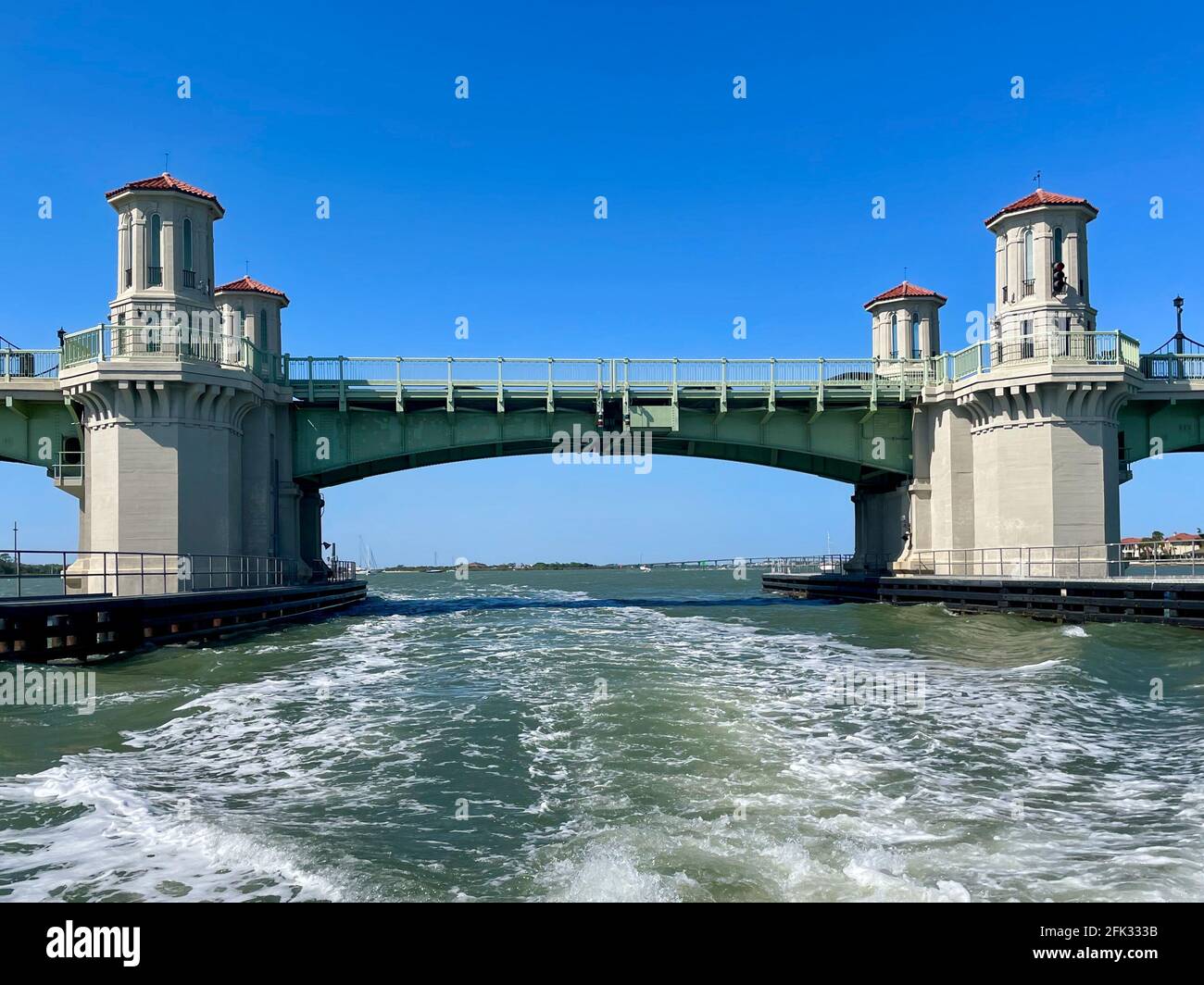 Saint Augustine, Florida, USA - April 3, 2021: The historic 'Bridge of Lions' is a double-leaf, bascule bridge that spans the Intracoastal Waterway. Stock Photo