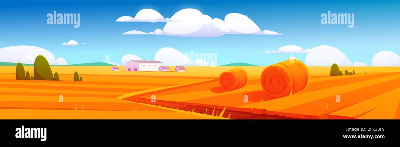 Rural landscape with hay bales on agriculture field and farm buildings. Vector cartoon illustration of countryside, farmland with round wheat straw rolls, yellow haystacks and barns Stock Vector