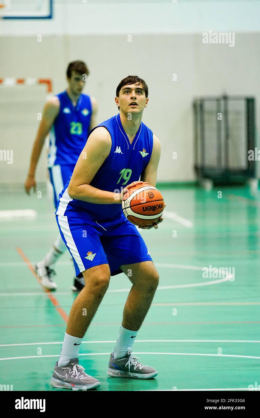 La Cala De Mijas, Spain. 27th Apr, 2021. Javier Coca in action during the Andalusia U19 Basketball Championship match between Folder Maristas Cordoba and Coosur Real Betis Basket in Pabellon Cubierto de La Cala. (Final score; Folder Maristas Cordoba 39-95 Real Betis Basket) (Photo by Francis Gonzalez/SOPA Images/Sipa USA) Credit: Sipa USA/Alamy Live News Stock Photo