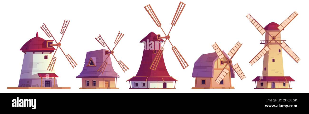 Old windmills, vintage stone and wooden wind mills. Traditional dutch farm buildings for grinding wheat grains to flour. Vector cartoon set of countryside architecture isolated on white background Stock Vector