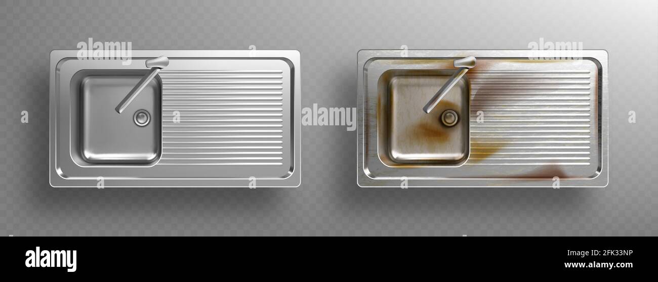 Stainless kitchen sinks with faucets in top view. Clean and dirty rusty metal sinks with basin mixer and utensil drainer. Vector realistic set of steel wash bowls isolated on transparent background Stock Vector