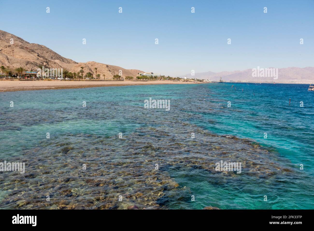 A view of the coral reef above the water. The Red Sea. Beach in the city of Eilat, Israel High angel. High quality photo Stock Photo