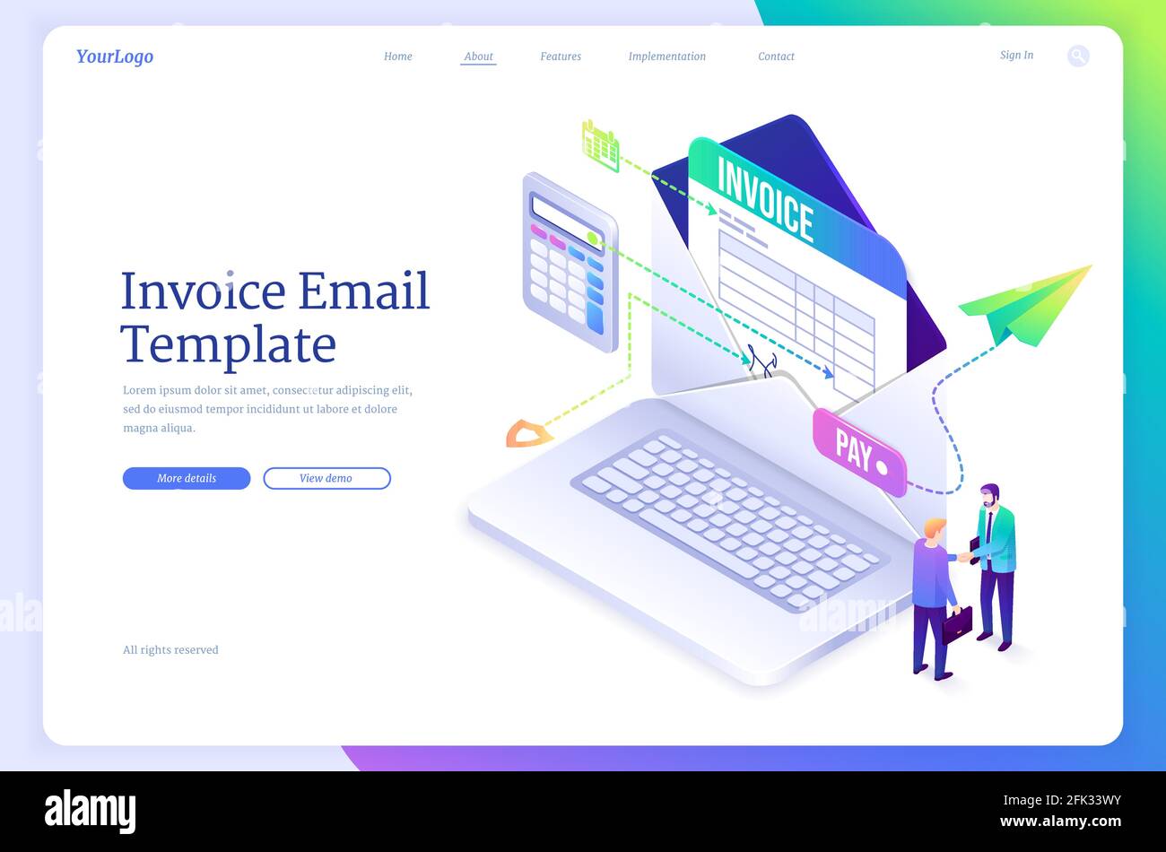 Invoice email template. Digital form for calculate and send payments, bills and receipt. Vector landing page of electronic finance transaction with isometric laptop, envelope and people handshake Stock Vector