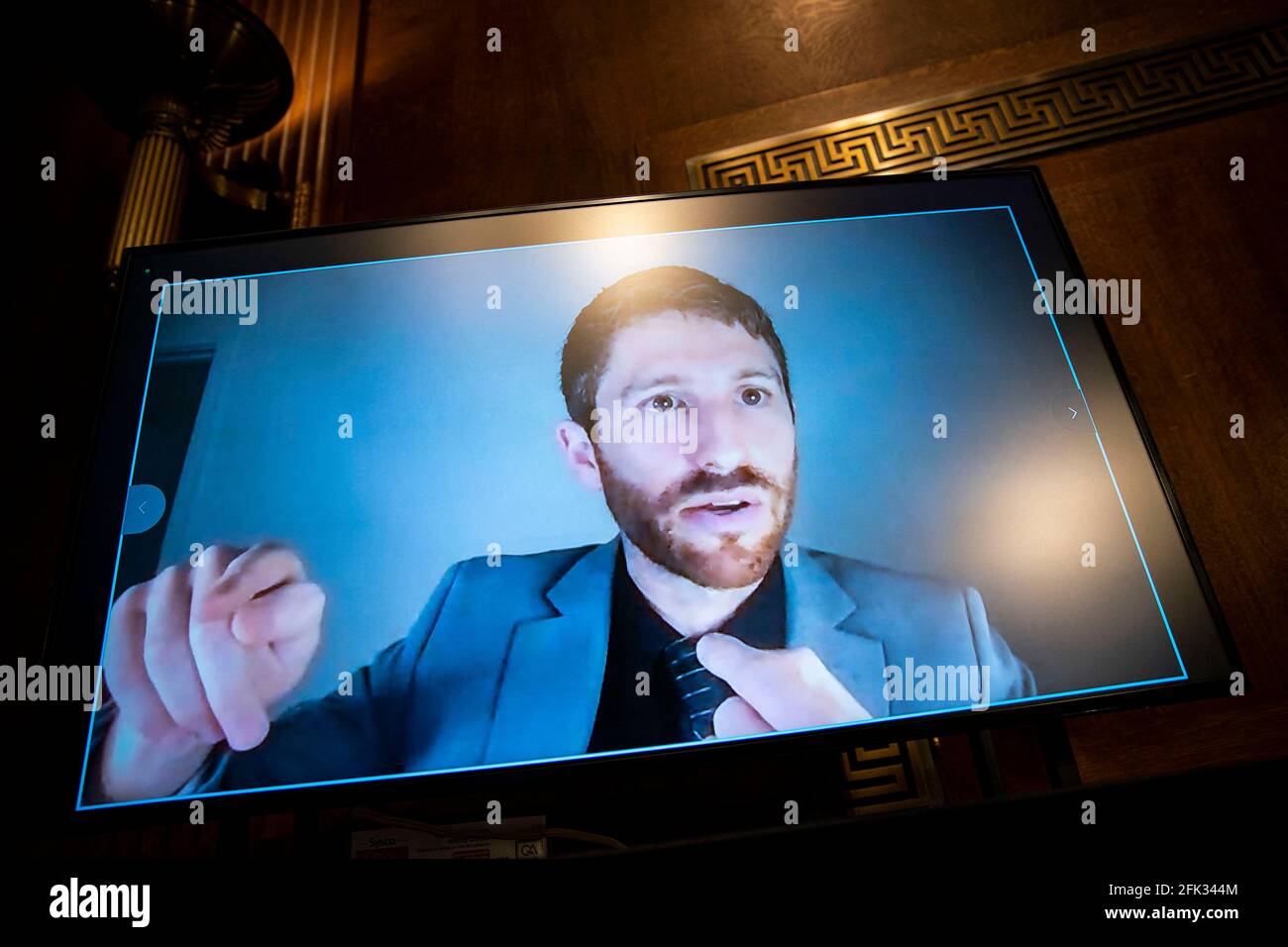 Tristan Harris, co-founder and president at the Center for Humane Technology, testifies virtually during a Senate Judiciary Subcommittee hearing in Washington, DC, USA on Tuesday, April 27, 2021. The hearing is examining the effect social media companies' algorithms and design choices have on users and discourse. Photo by Al Drago/Pool/ABACAPRESS.COM Stock Photo