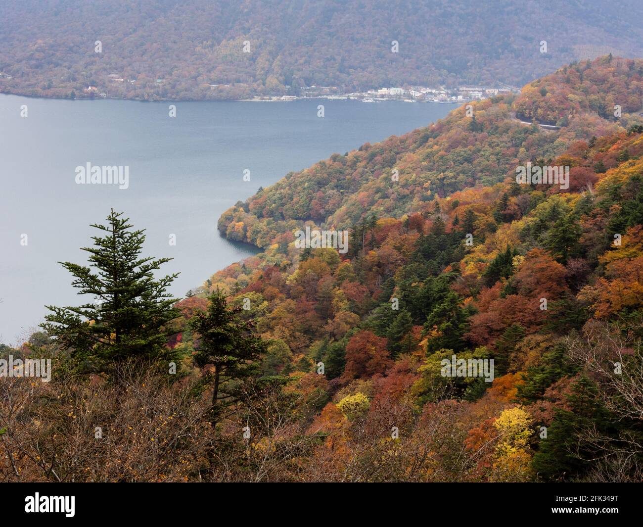 Fall colors in Nikko national park, Japan - view of Lake Chuzenji and ...