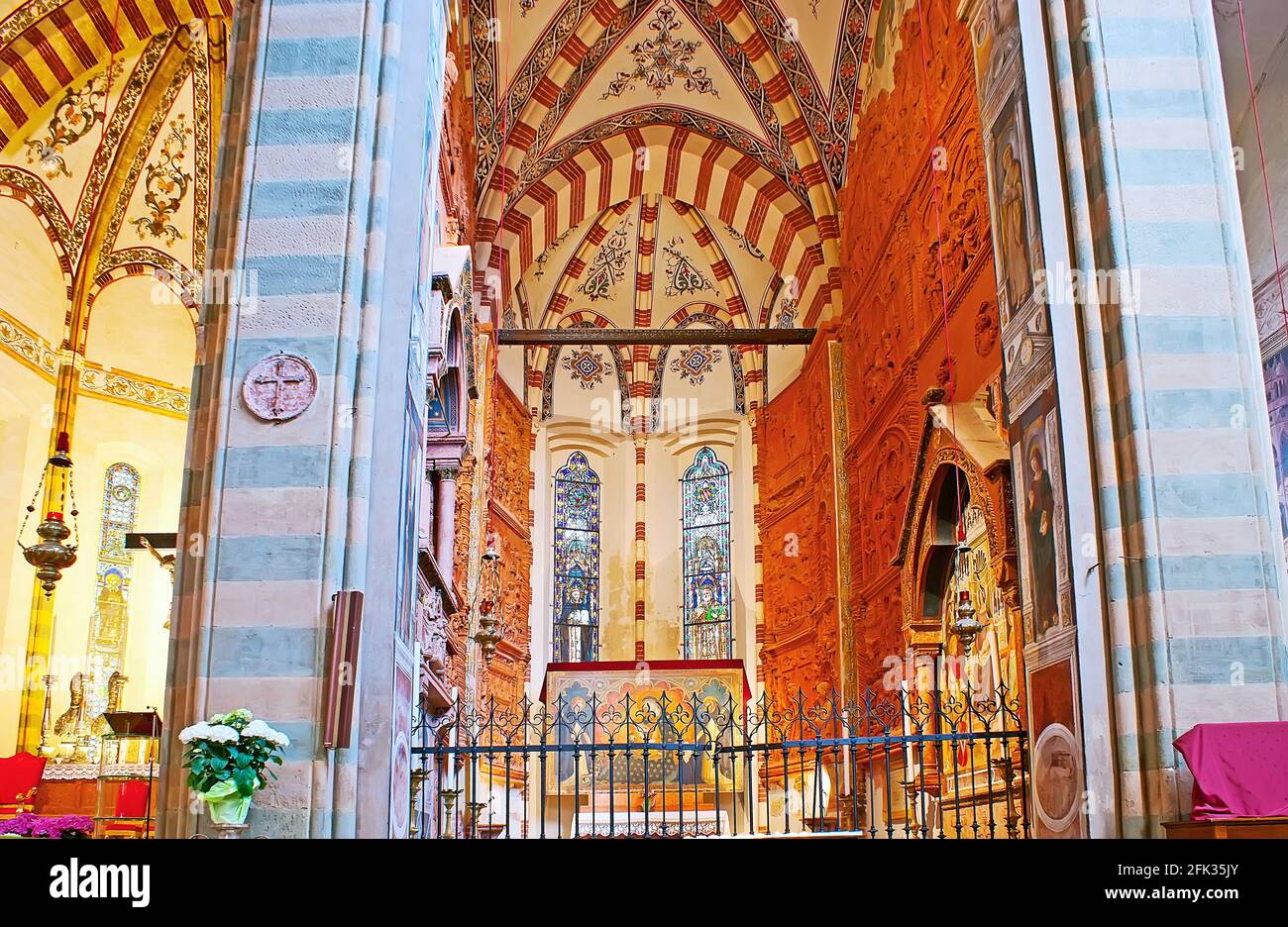 VERONA, ITALY - APRIL 23, 2012: The medieval Pellegrini Chapel in Basilica of Santa Anastasia and richly decorated with molding, carvings, frescoes, s Stock Photo