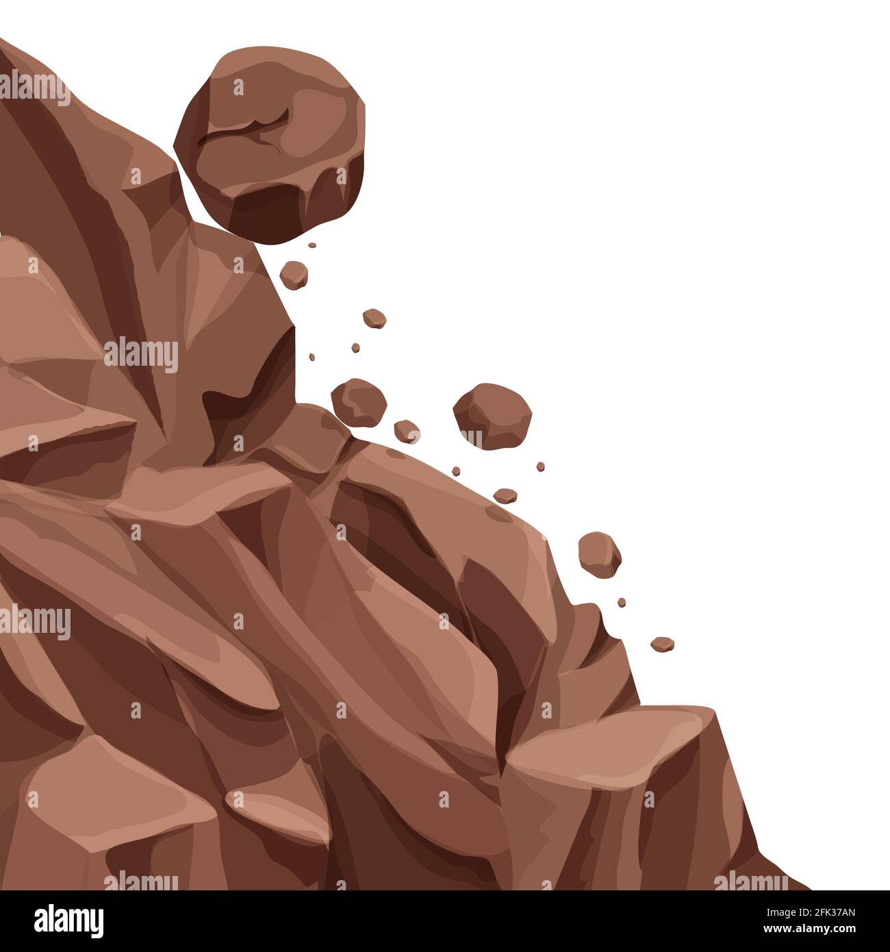 Mountain landslide with falling rocks, stones in cartoon flat style isolated on white background. Natural disaster, danger. Stock vector illustration. Stock Vector