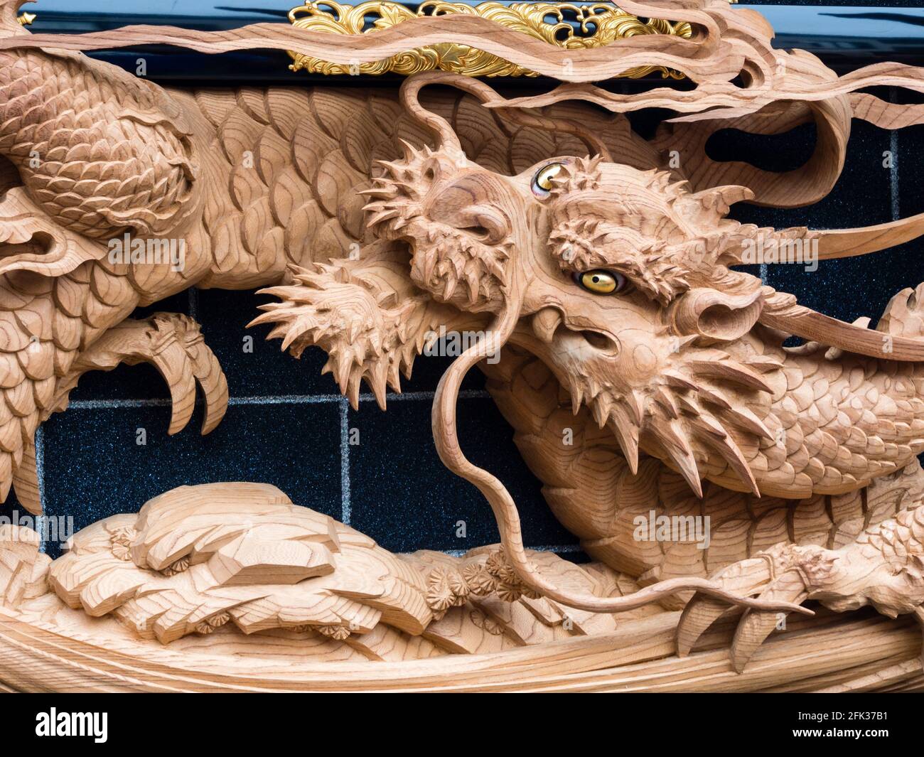Takayama, Japan October 9, 2015 Japanese dragon carving on a