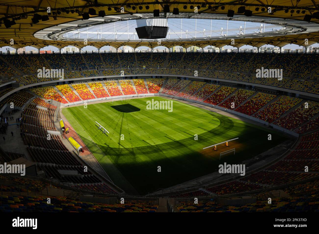 Bucharest, Romania - April 25, 2021: Overview of the National Arena Stadium in Bucharest on a sunny day. Stock Photo