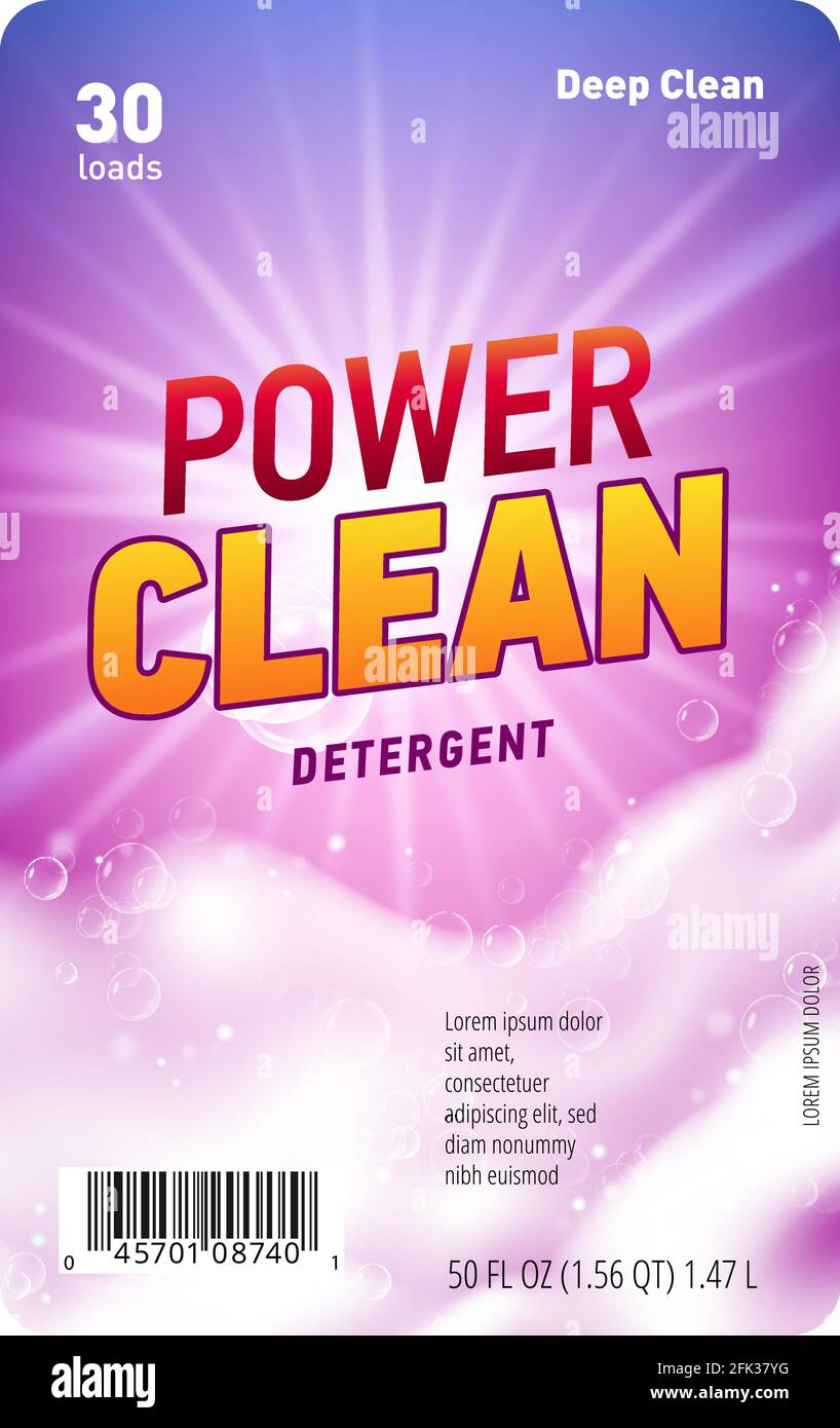 Design template of label for laundry detergent with realistic soap foam and sun flare light