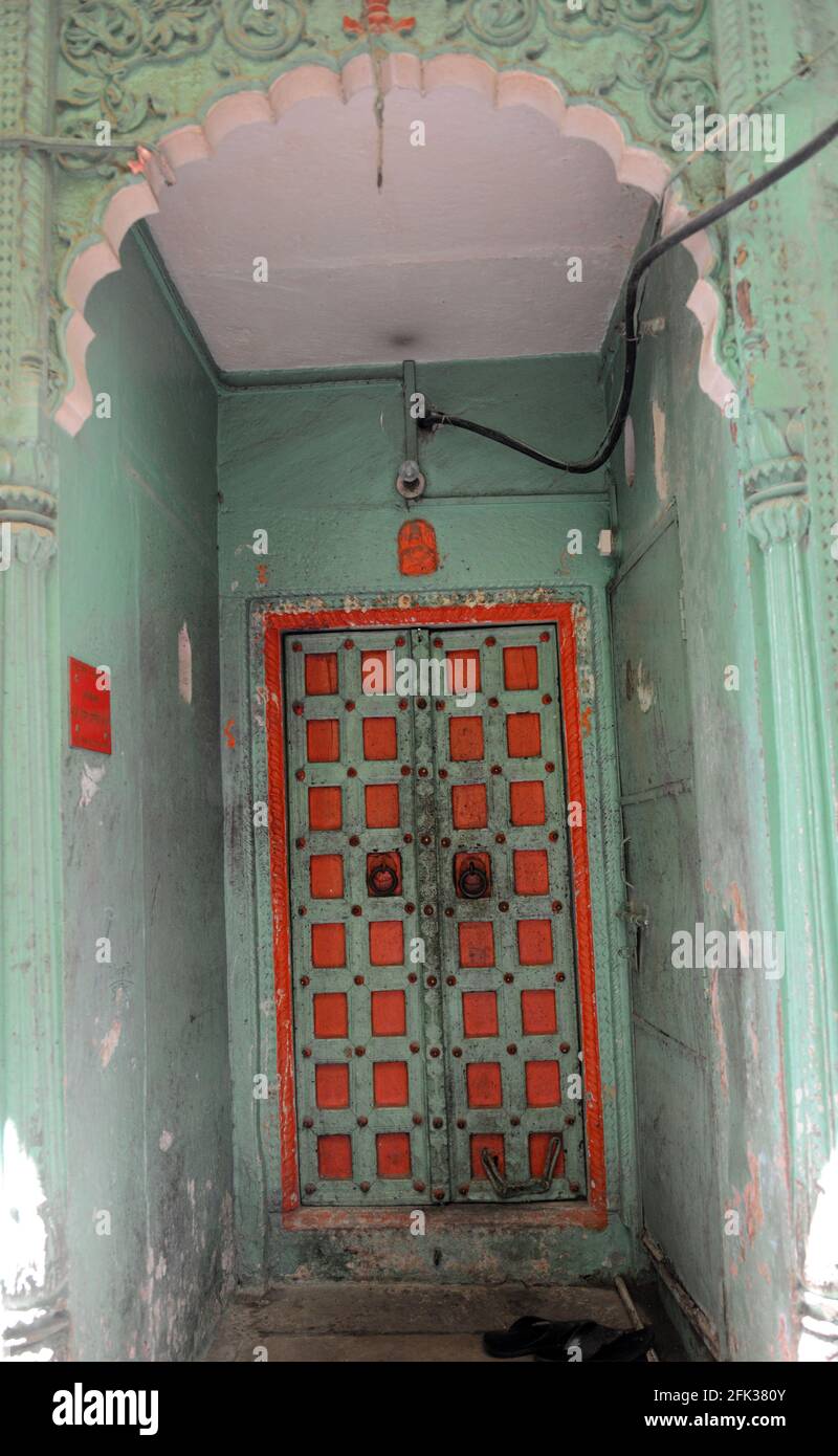 Colorful doors in the old city of Varanasi, India. Stock Photo