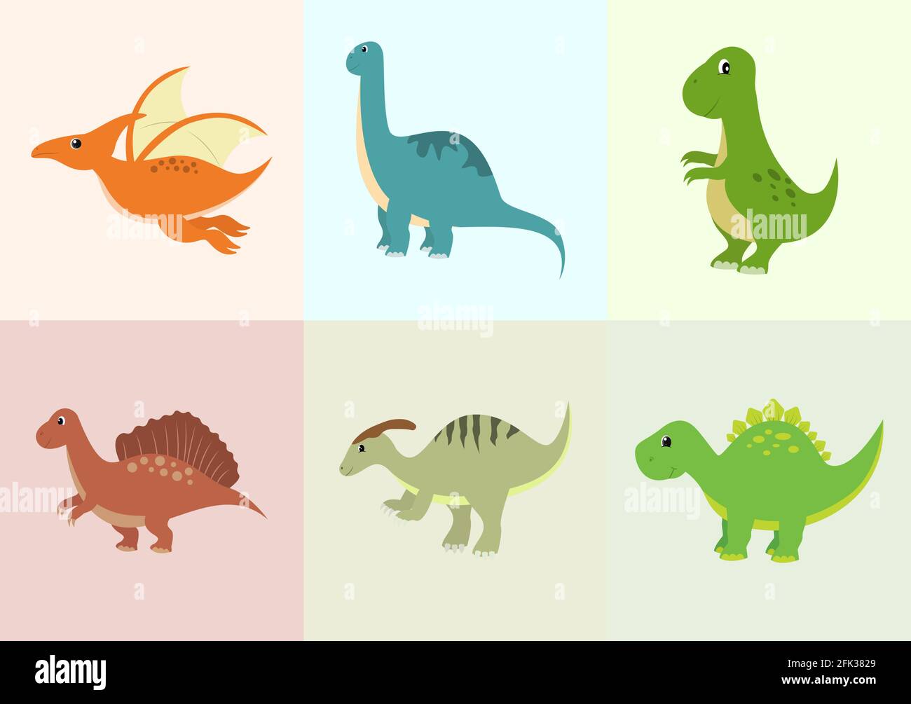 Cute Dinosaurs Cartoon Characters Illustration as Spinosaurus,  Parasaurolophus, Stegosaurus, Tyrannosaurus, Pterodactyl, and Diplodocus.  Wallpaper Bac Stock Vector Image & Art - Alamy