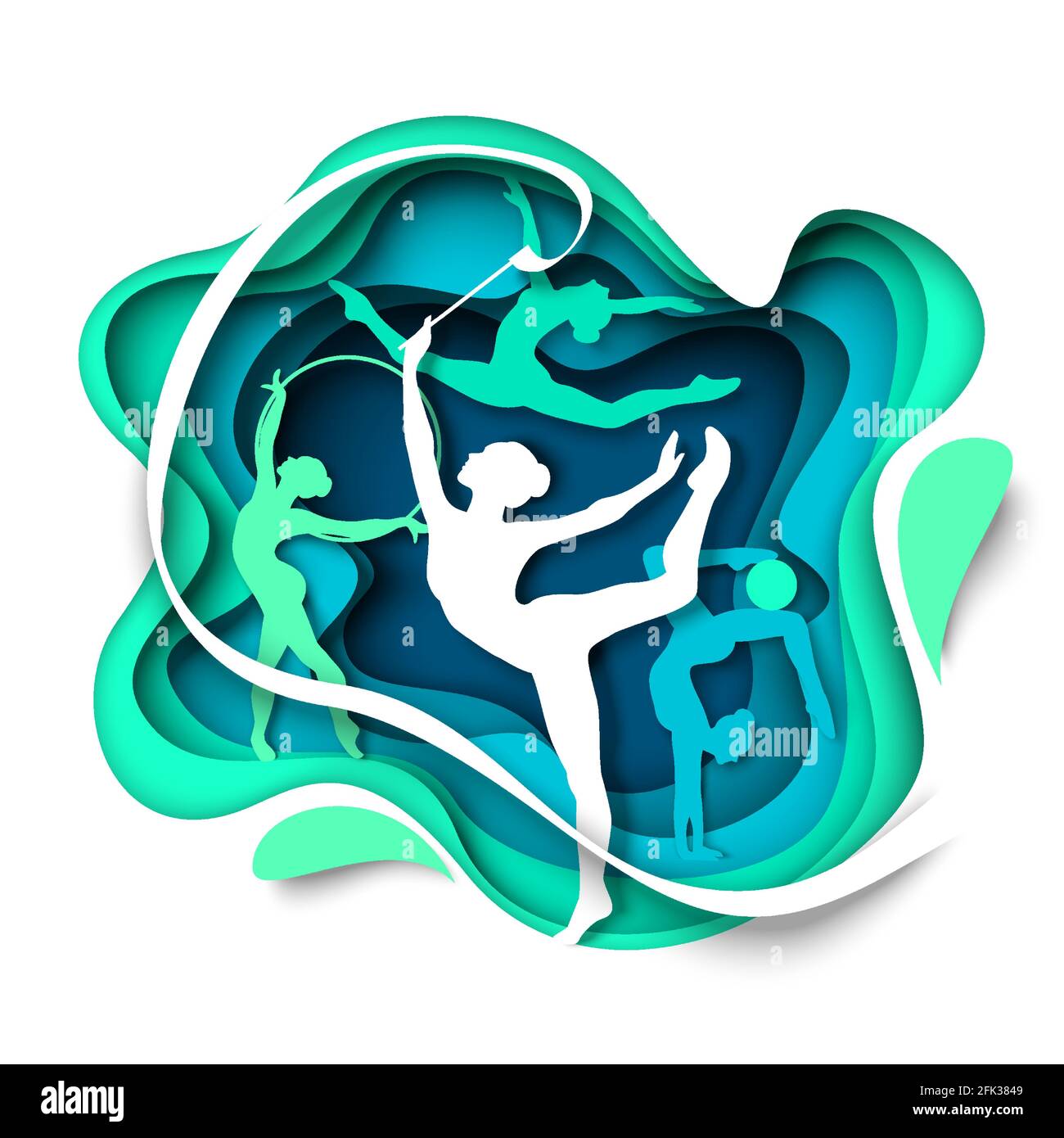 Girl gymnast silhouettes dancing with ball, hoop, ribbon, vector